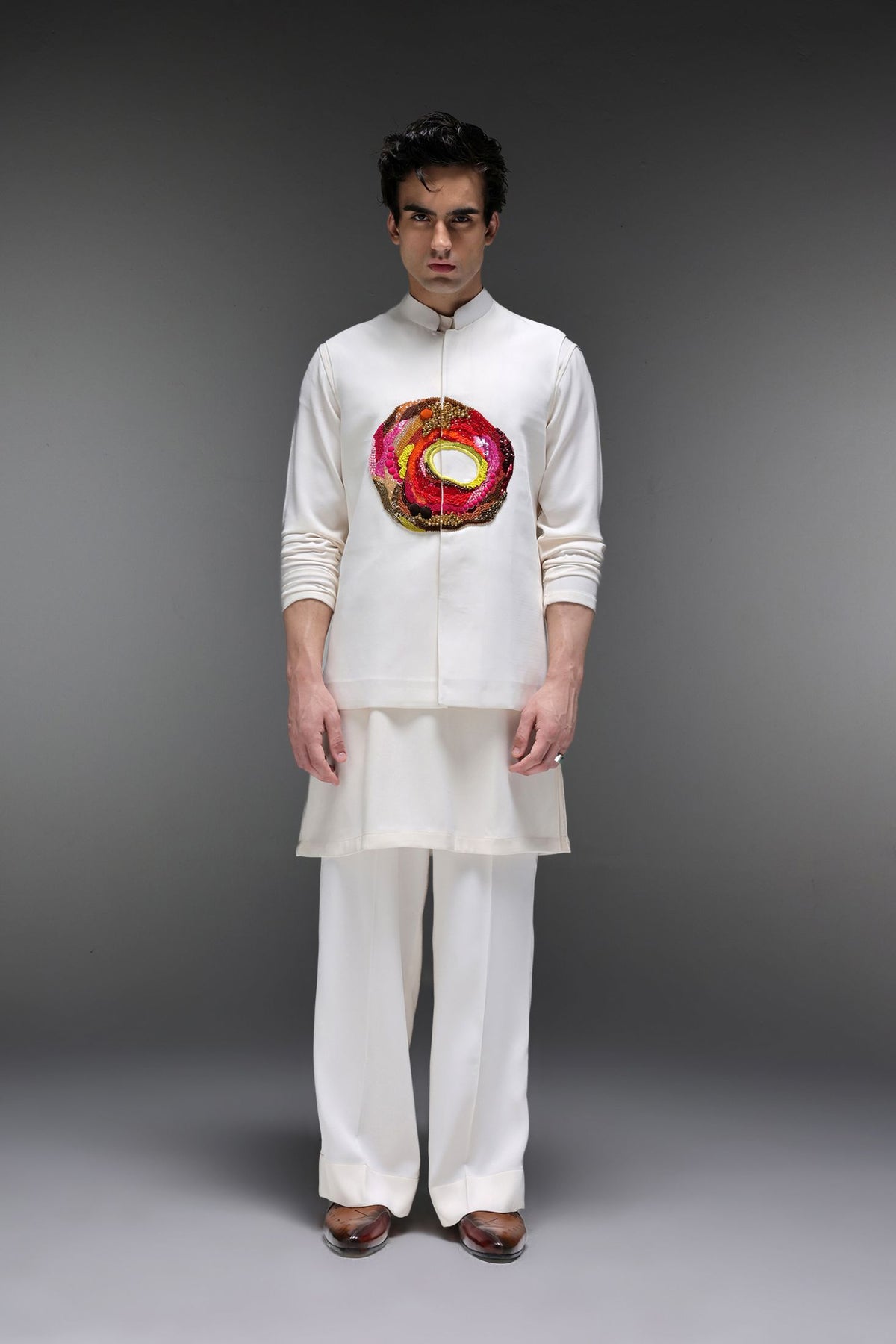 Spectrum - Hand Embroidered Designer Bundi With Kurta - Ivory