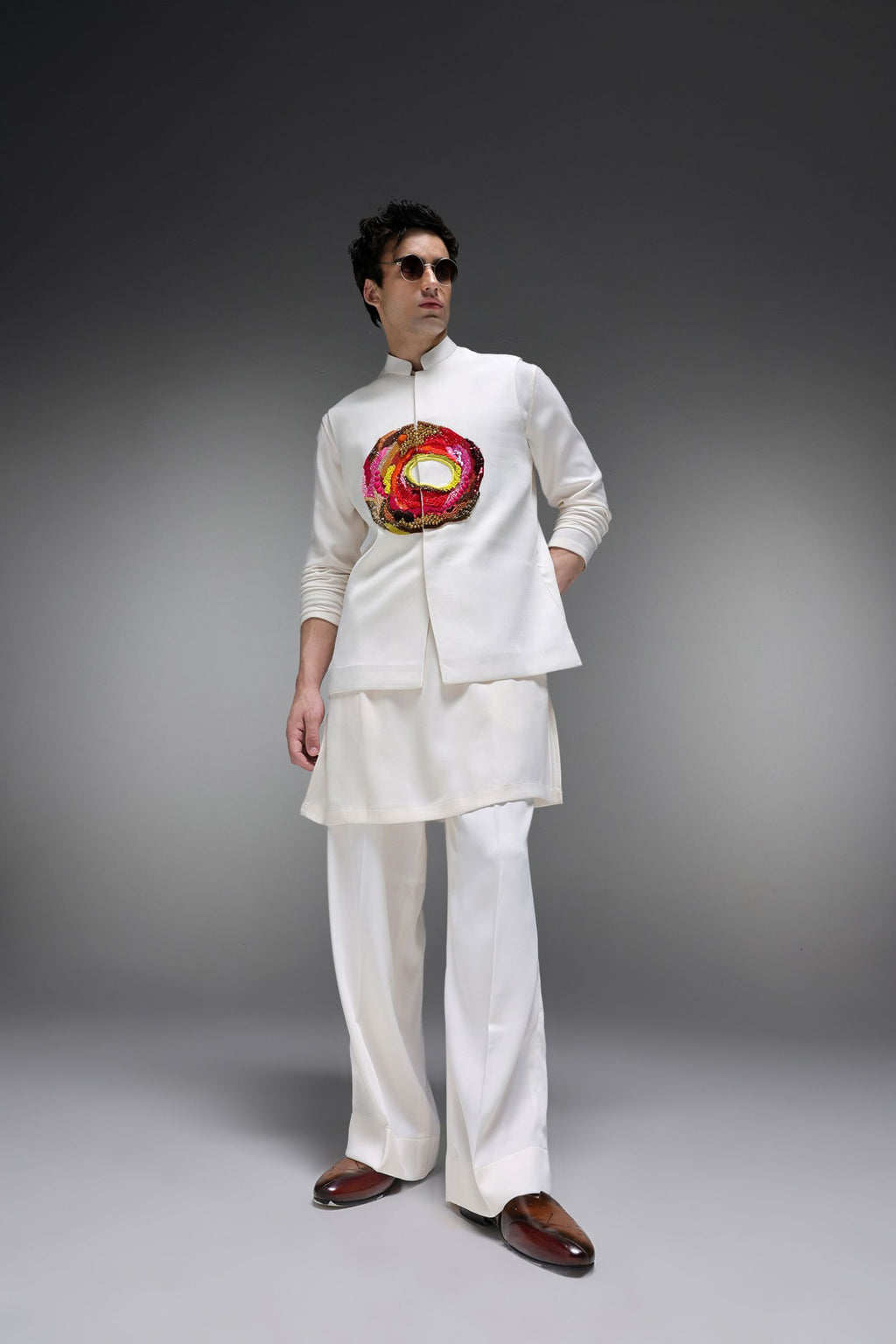 Spectrum - Hand Embroidered Designer Bundi With Kurta - Ivory