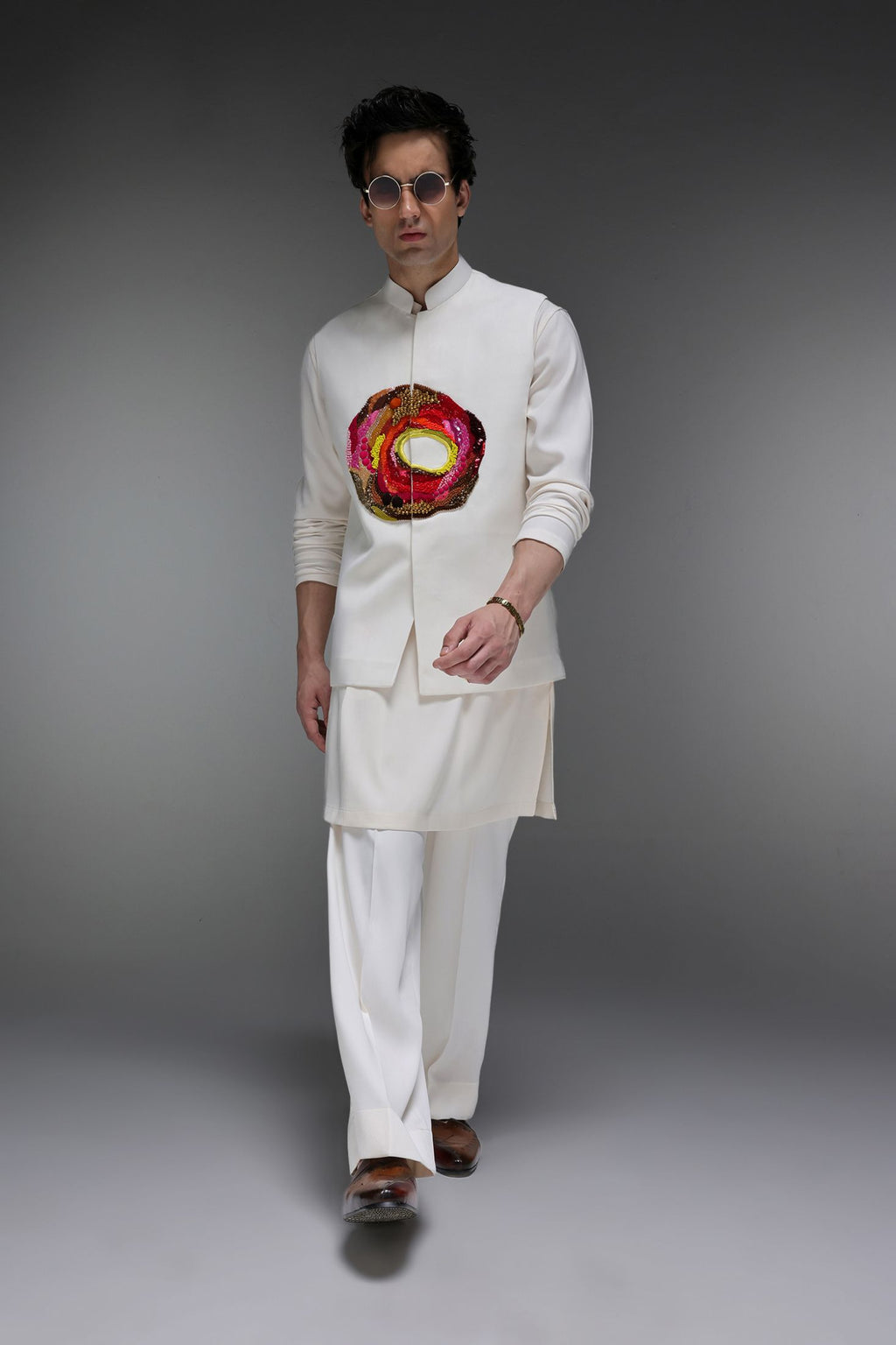 Spectrum - Hand Embroidered Designer Bundi With Kurta - Ivory