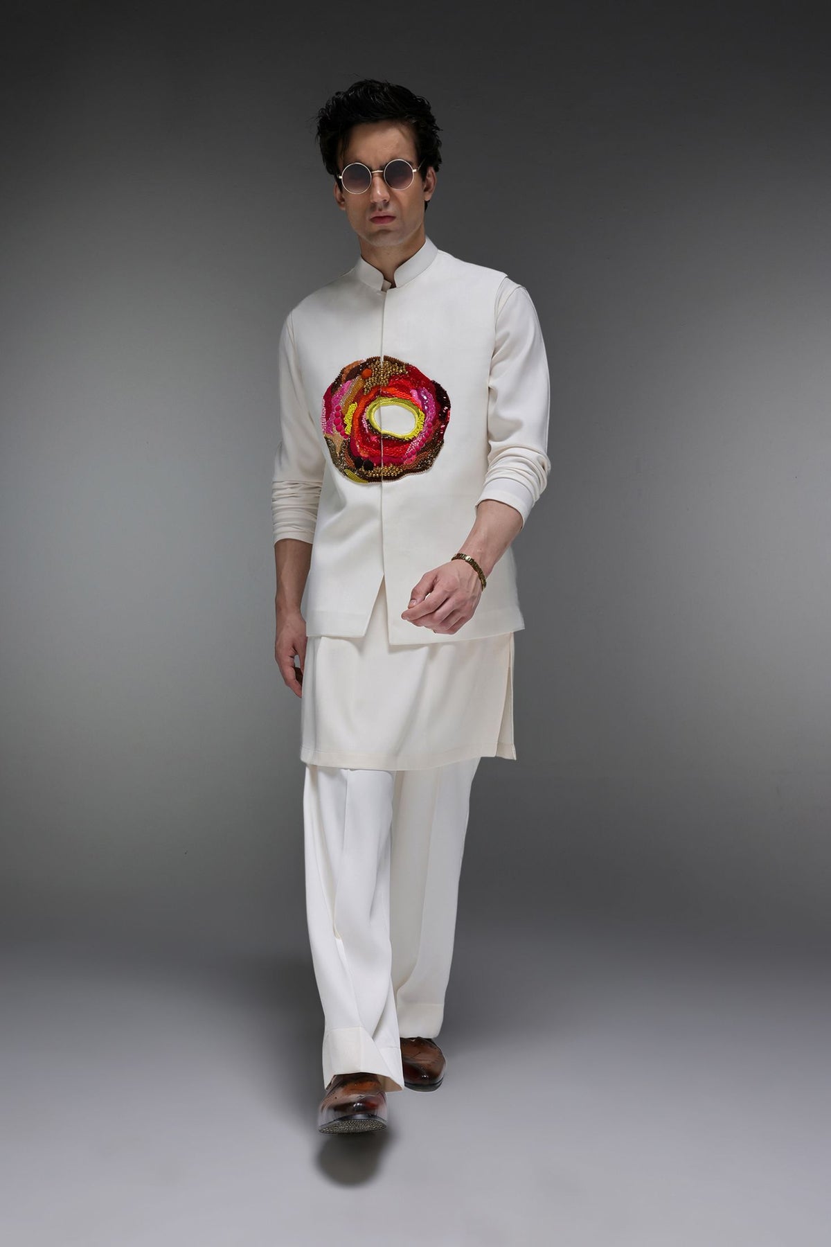 Spectrum - Hand Embroidered Designer Bundi With Kurta - Ivory