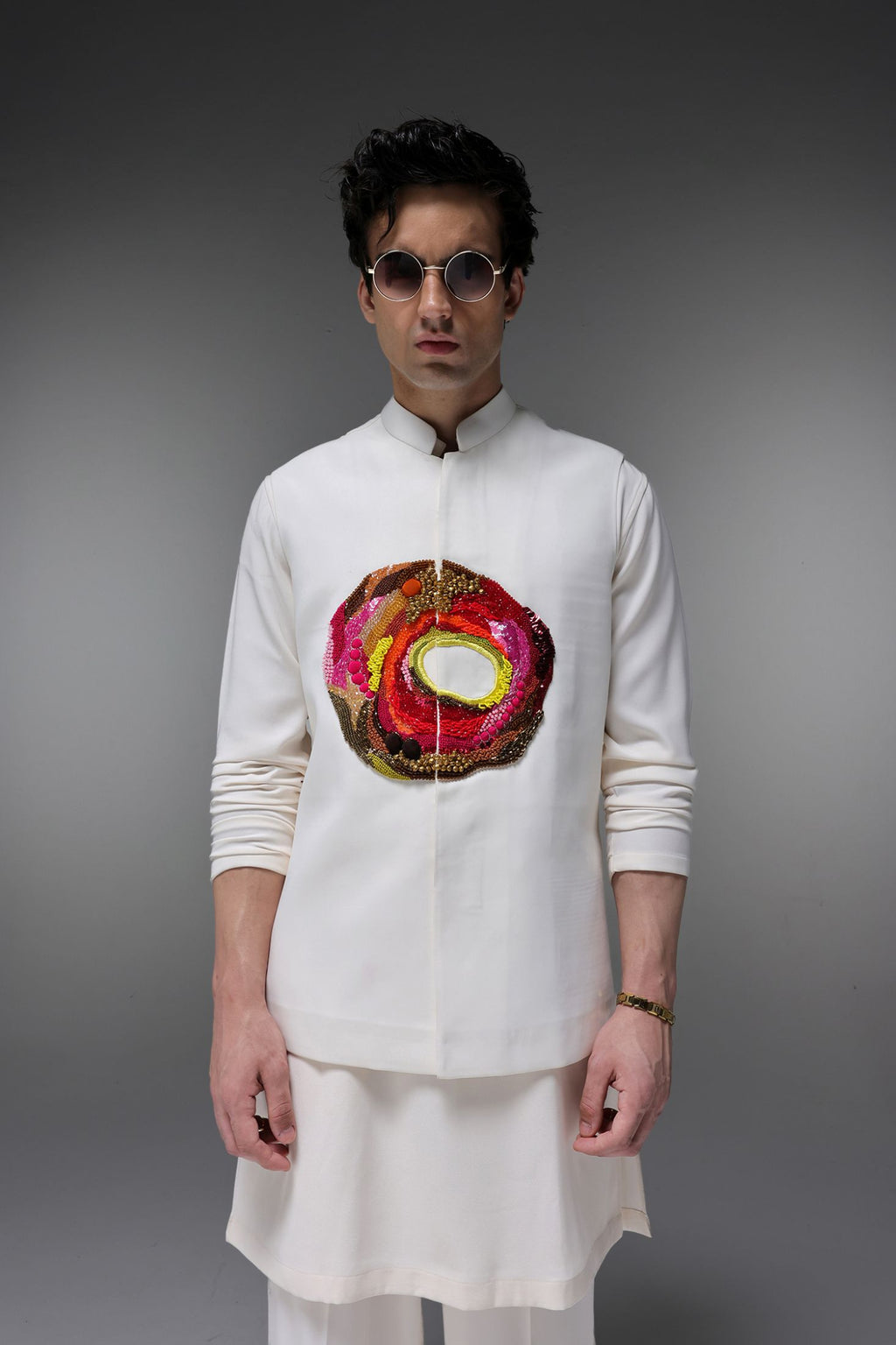 Spectrum - Hand Embroidered Designer Bundi With Kurta - Ivory