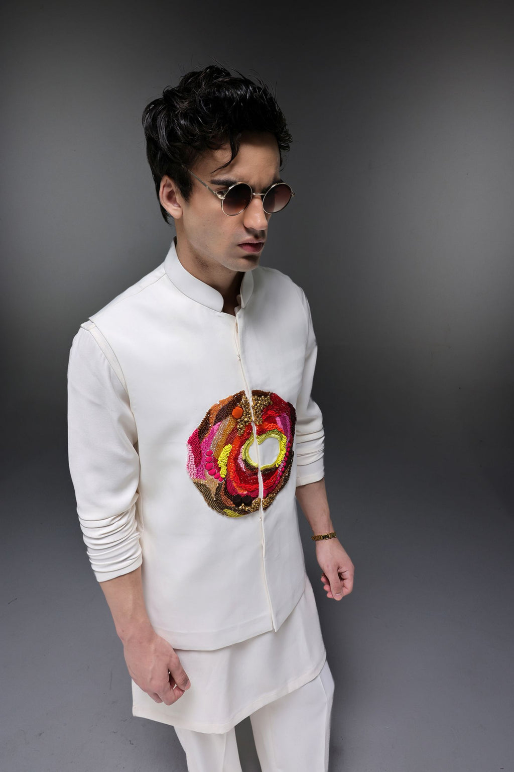 Spectrum - Hand Embroidered Designer Bundi With Kurta - Ivory
