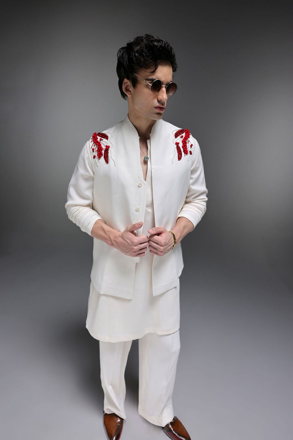 Spring - Hand Embroidered Designer Bundi With Kurta - Ivory