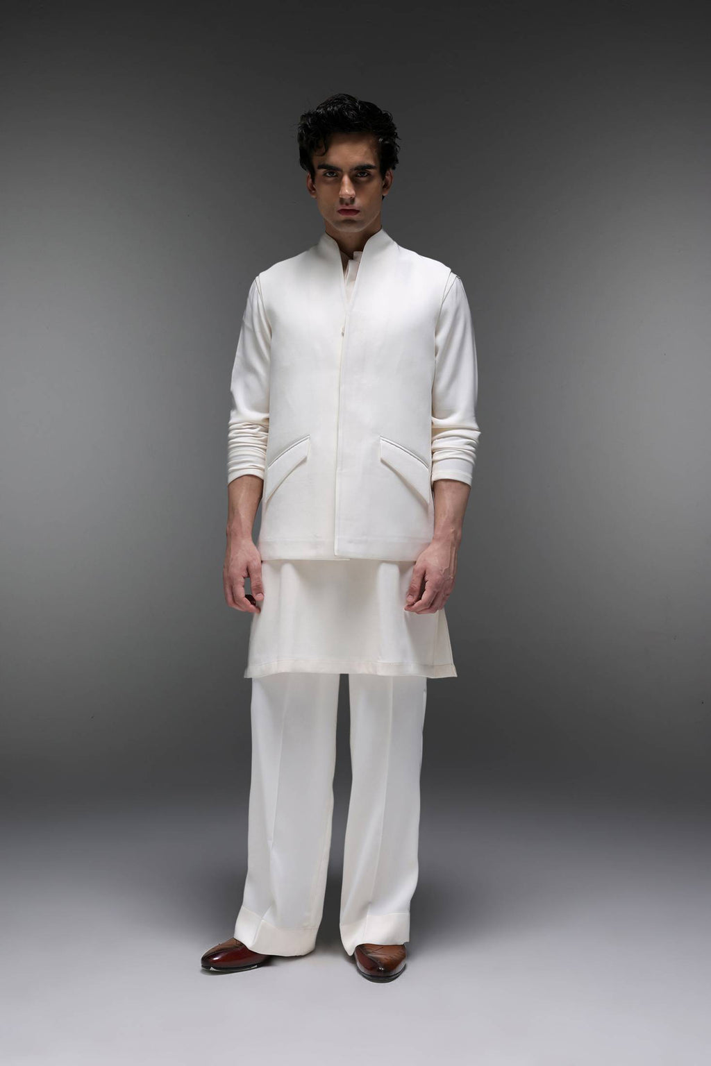 Highneck Ivory - Hand Embroidered Designer Bundi With Kurta - Ivory