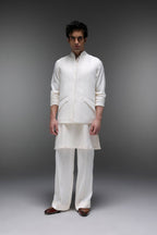 Highneck Ivory - Hand Embroidered Designer Bundi With Kurta - Ivory