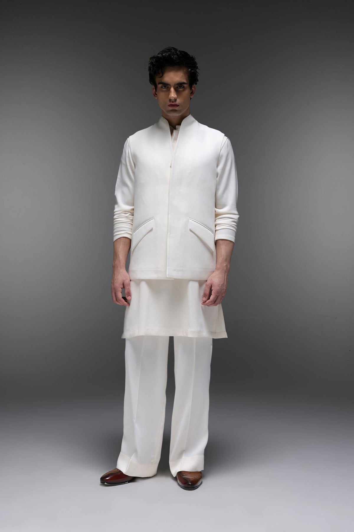 Highneck Ivory - Hand Embroidered Designer Bundi With Kurta - Ivory