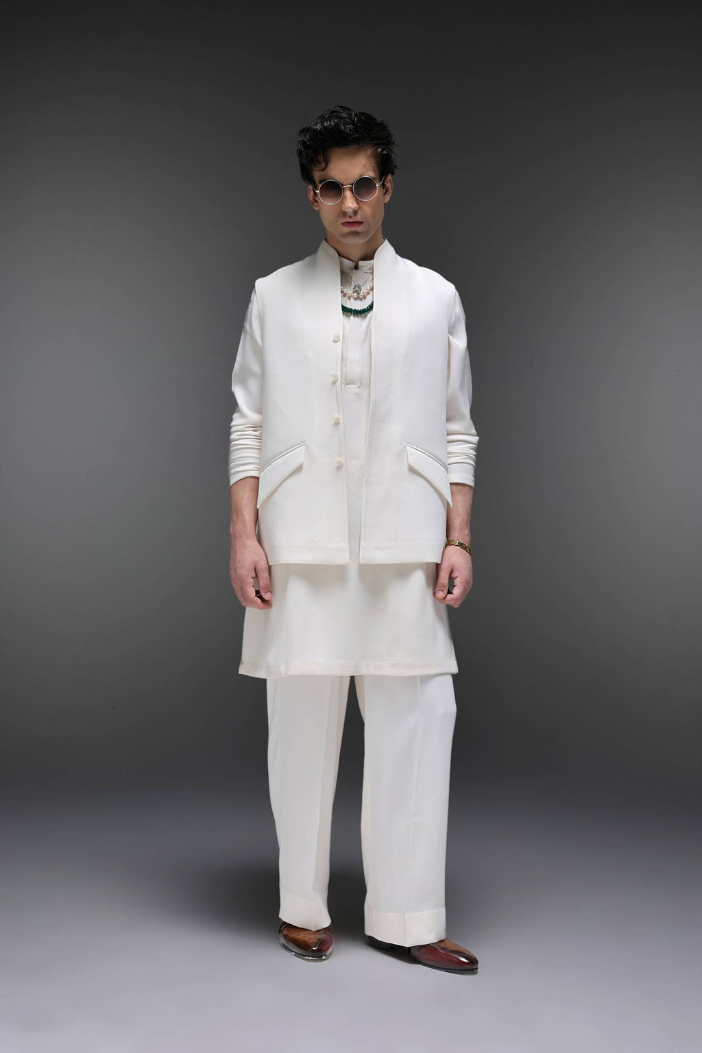 Highneck Ivory - Hand Embroidered Designer Bundi With Kurta - Ivory