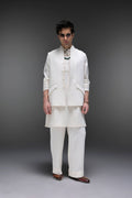 Highneck Ivory - Hand Embroidered Designer Bundi With Kurta - Ivory