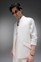 Highneck Ivory - Hand Embroidered Designer Bundi With Kurta - Ivory