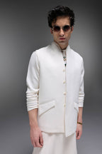 Highneck Ivory - Hand Embroidered Designer Bundi With Kurta - Ivory