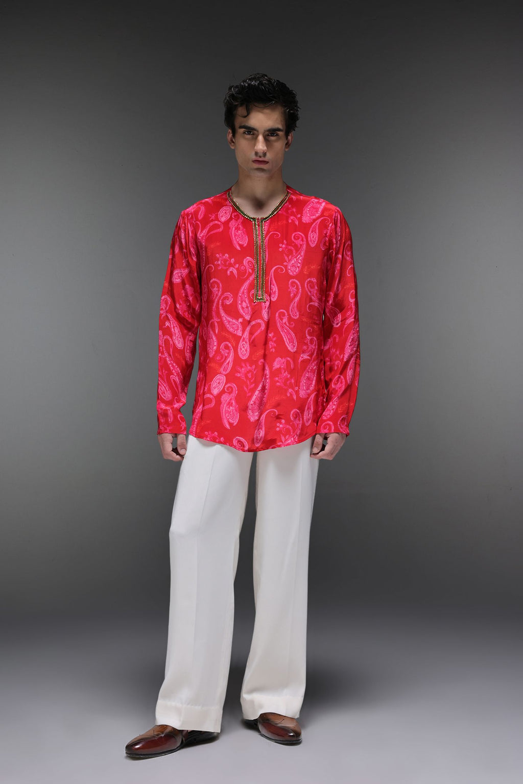 Crimson Dot (Pasiely) - Hand Embroidered Jacket And Shirt - Red