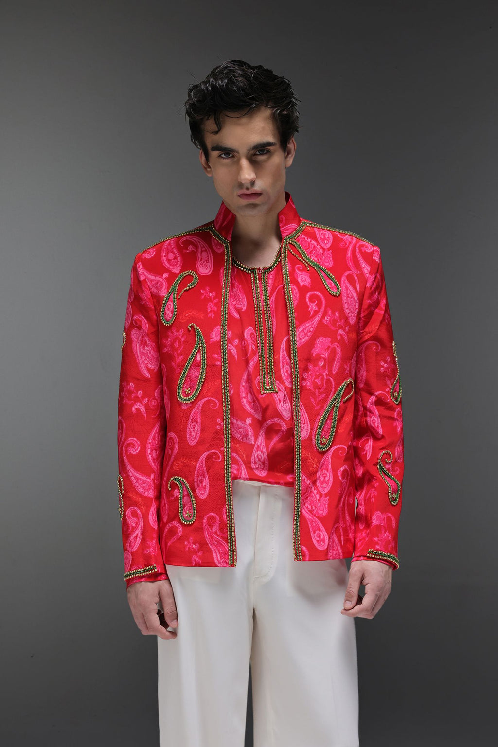 Crimson Dot (Pasiely) - Hand Embroidered Jacket And Shirt - Red