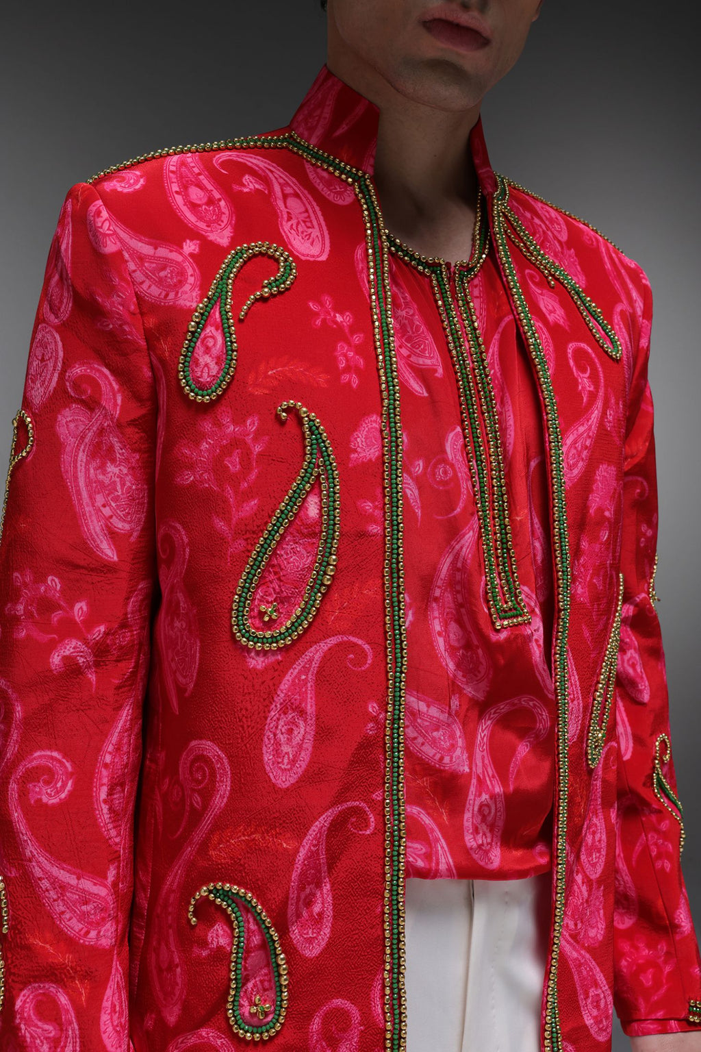 Crimson Dot (Pasiely) - Hand Embroidered Jacket And Shirt - Red