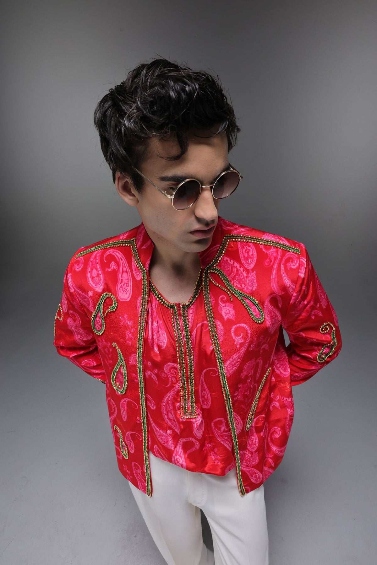Crimson Dot (Pasiely) - Hand Embroidered Jacket And Shirt - Red