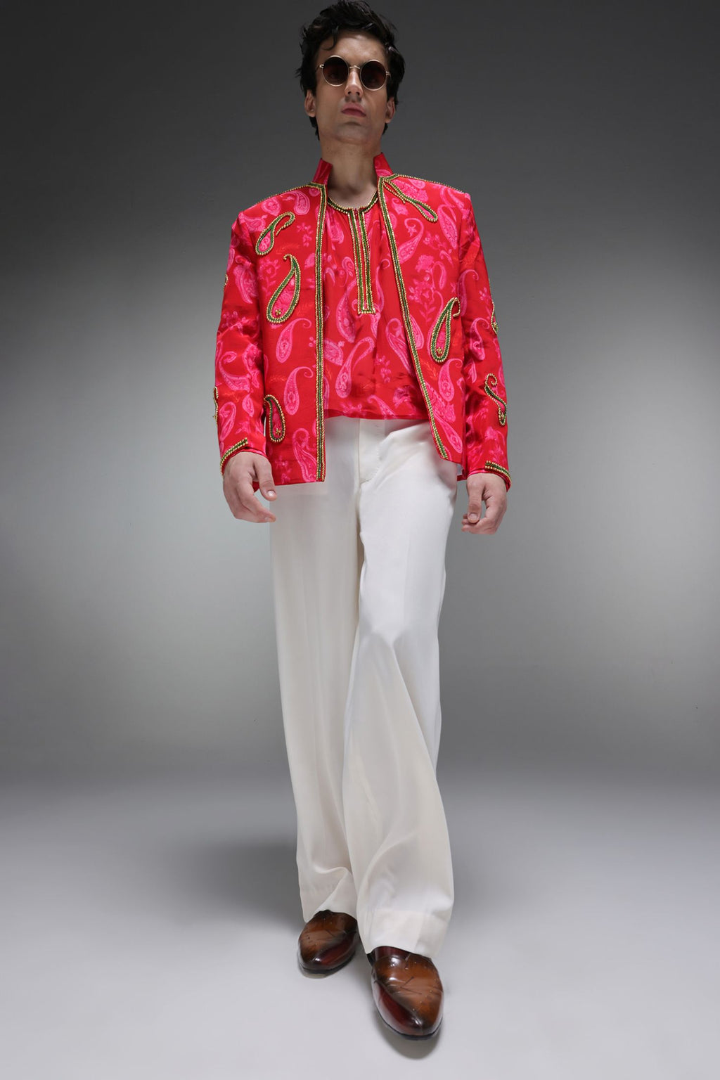 Crimson Dot (Pasiely) - Hand Embroidered Jacket And Shirt - Red