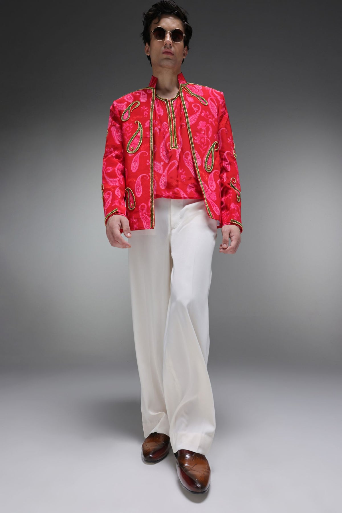Crimson Dot (Pasiely) - Hand Embroidered Jacket And Shirt - Red