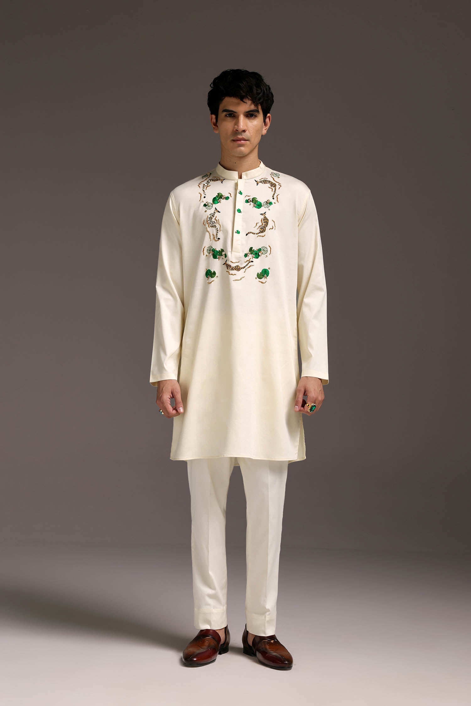 Swimming Tiger - Hand Embroidered Designer Kurta