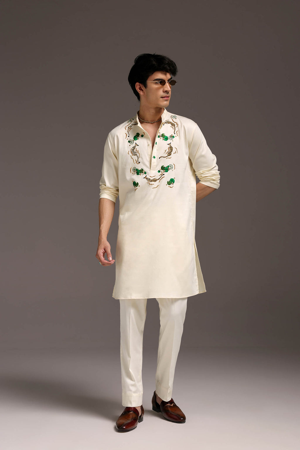 Swimming Tiger - Hand Embroidered Designer Kurta