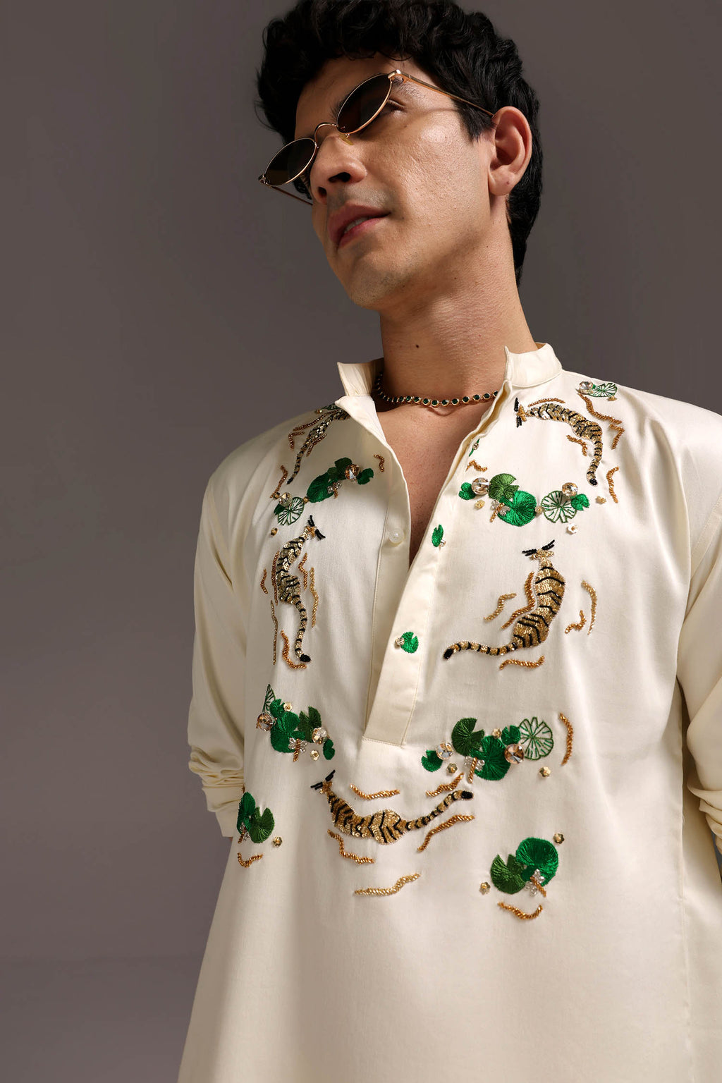 Swimming Tiger - Hand Embroidered Designer Kurta