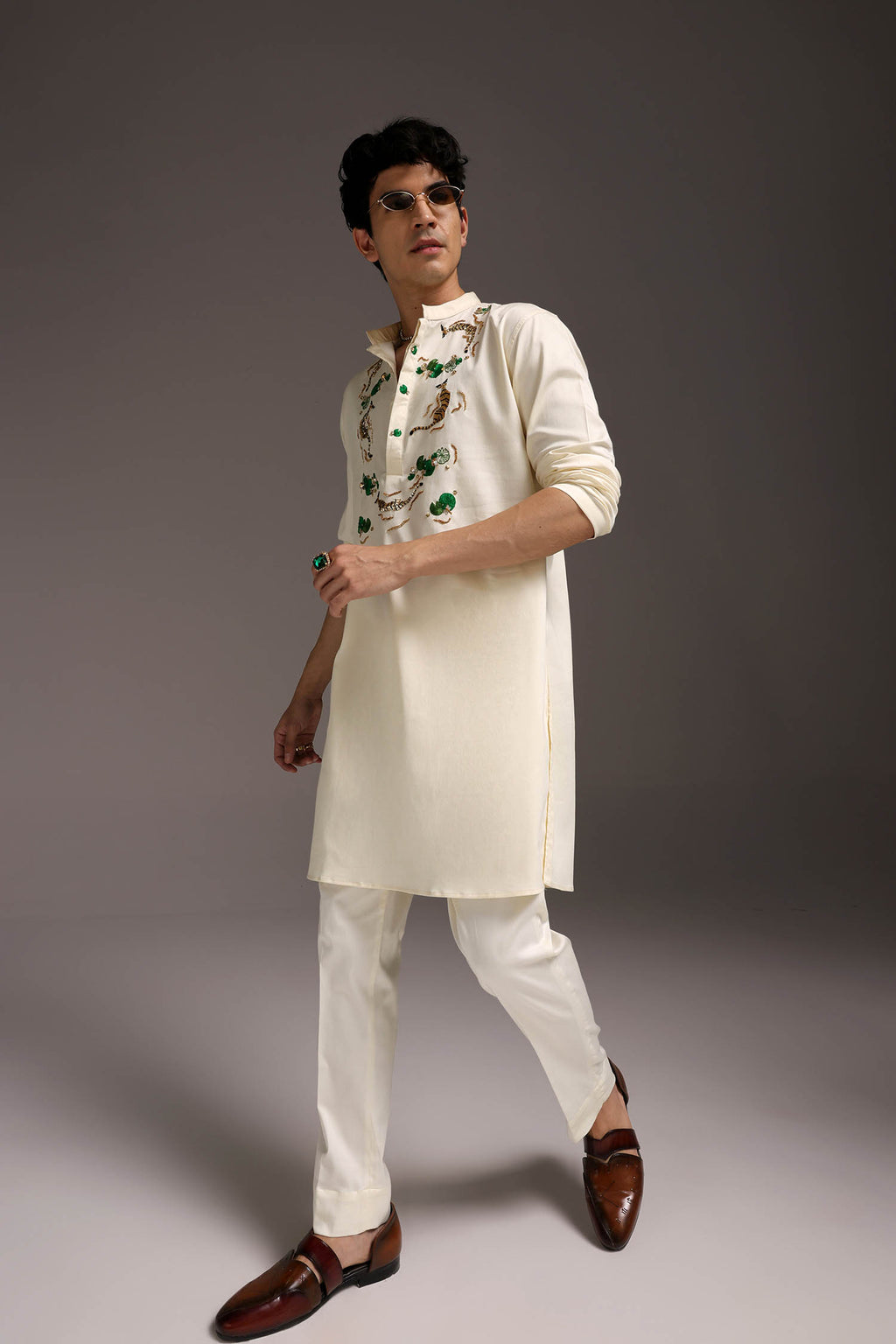 Swimming Tiger - Hand Embroidered Designer Kurta