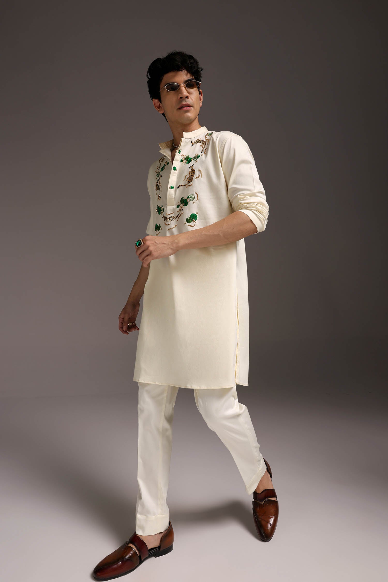 Swimming Tiger - Hand Embroidered Designer Kurta