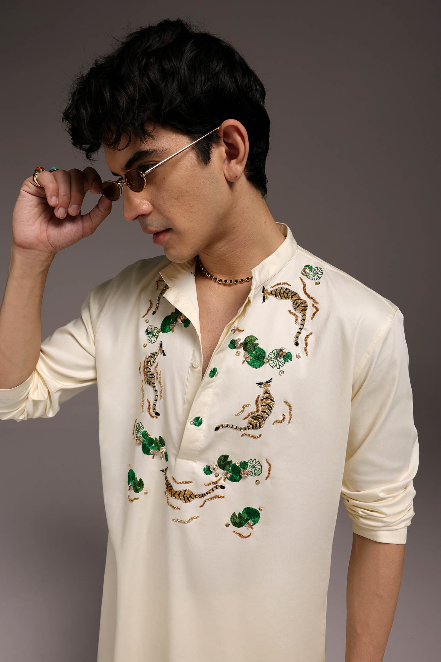 Swimming Tiger - Hand Embroidered Designer Kurta