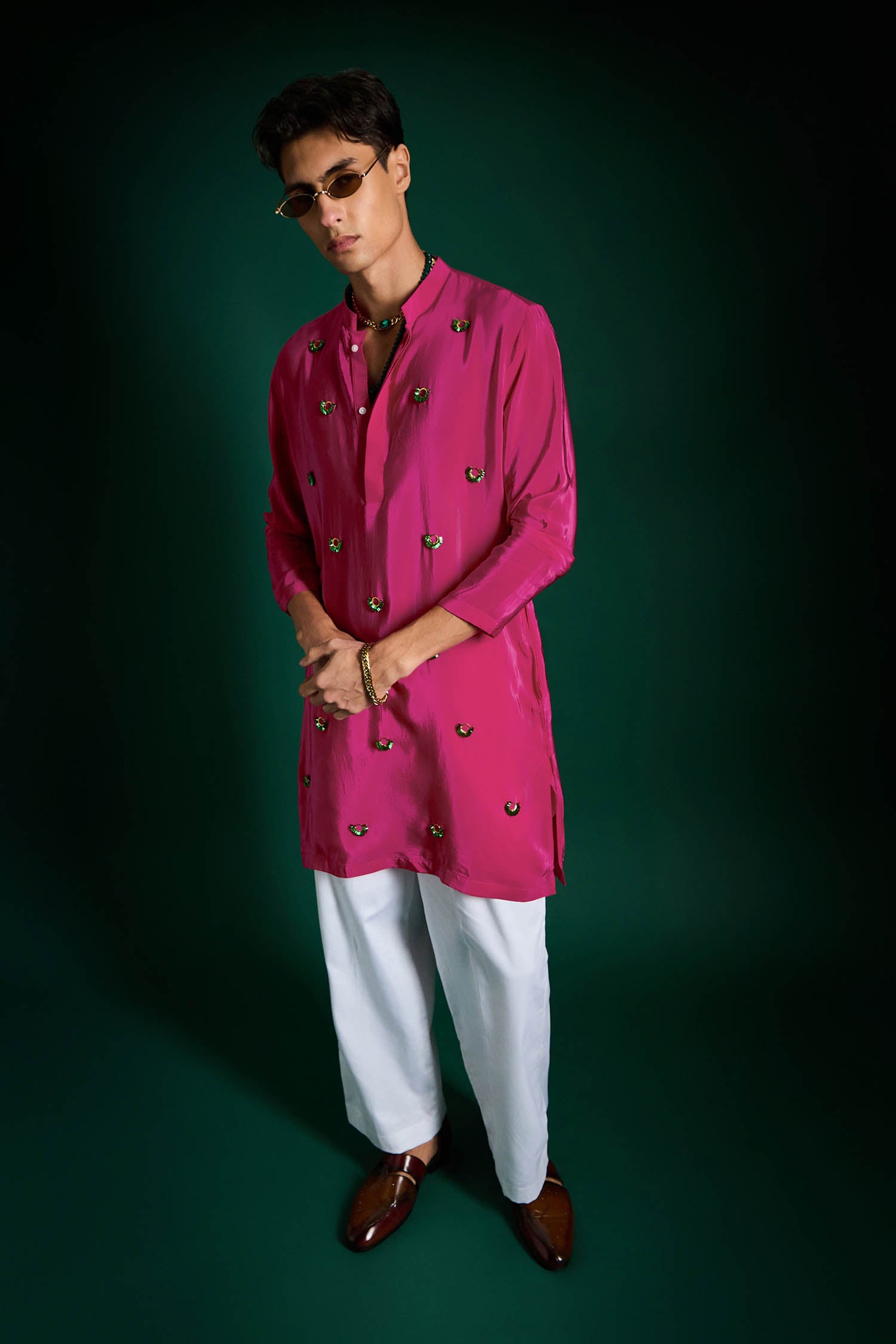 Spiral Hand Embroidered Designer Kurta - Hot PInk