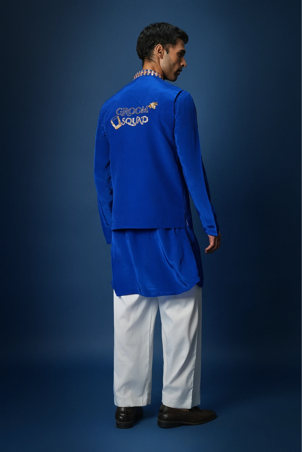 Groom Squad Hand Embroidered Crepe Bundi With Kurta  - Royal Blue