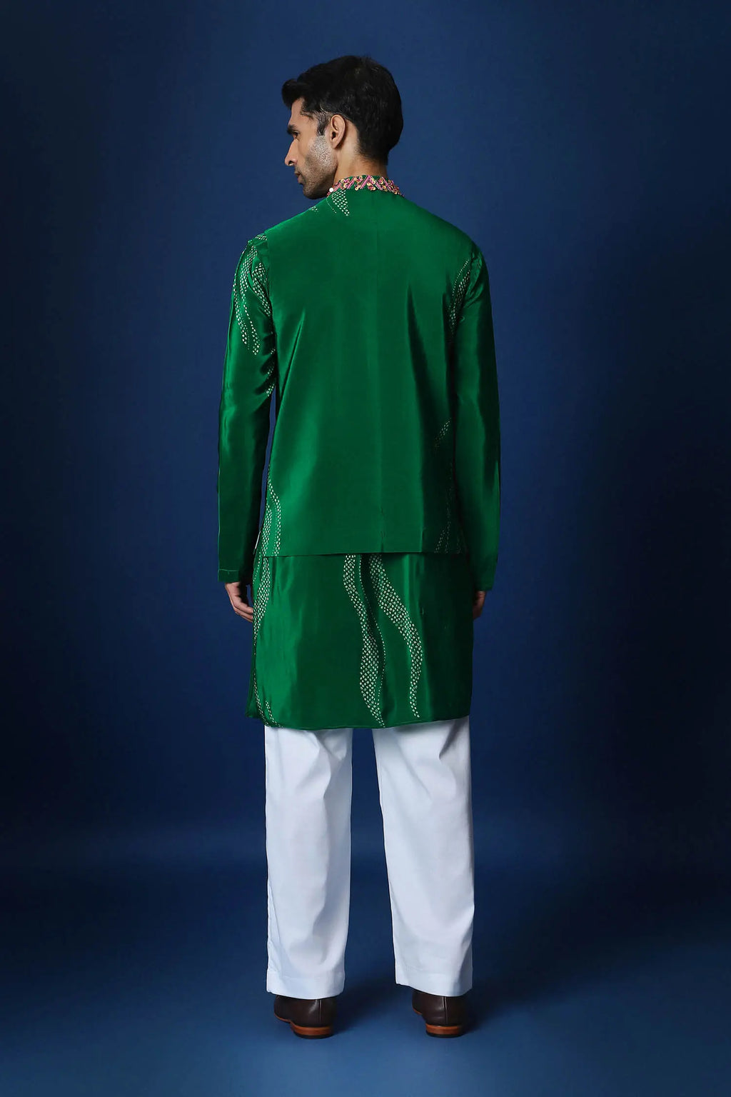 Bandhani Hand Embroidered Bundi Set - Green