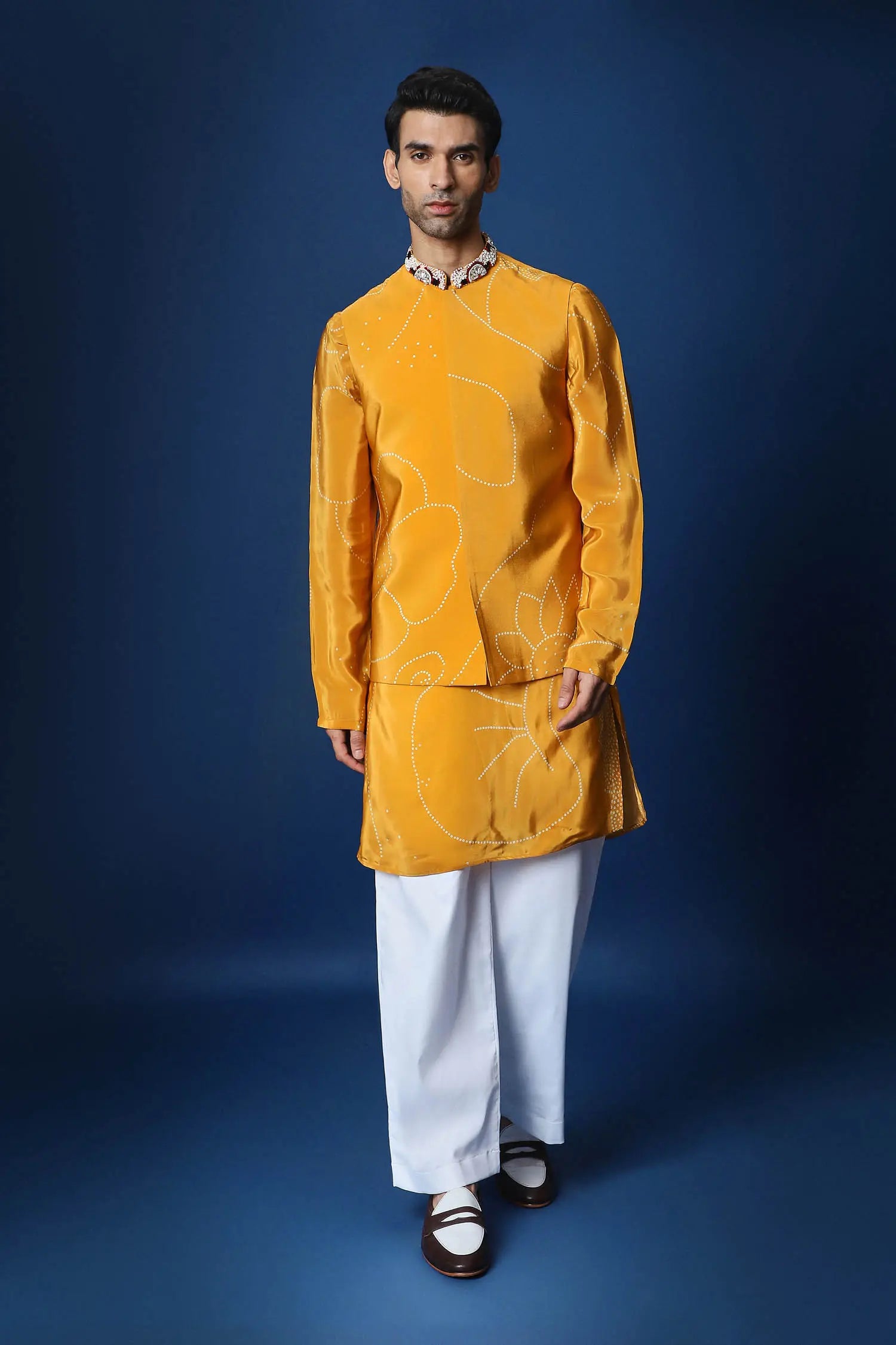 Mustard Doodle Flower Bandhani Bundi Set - Mustard