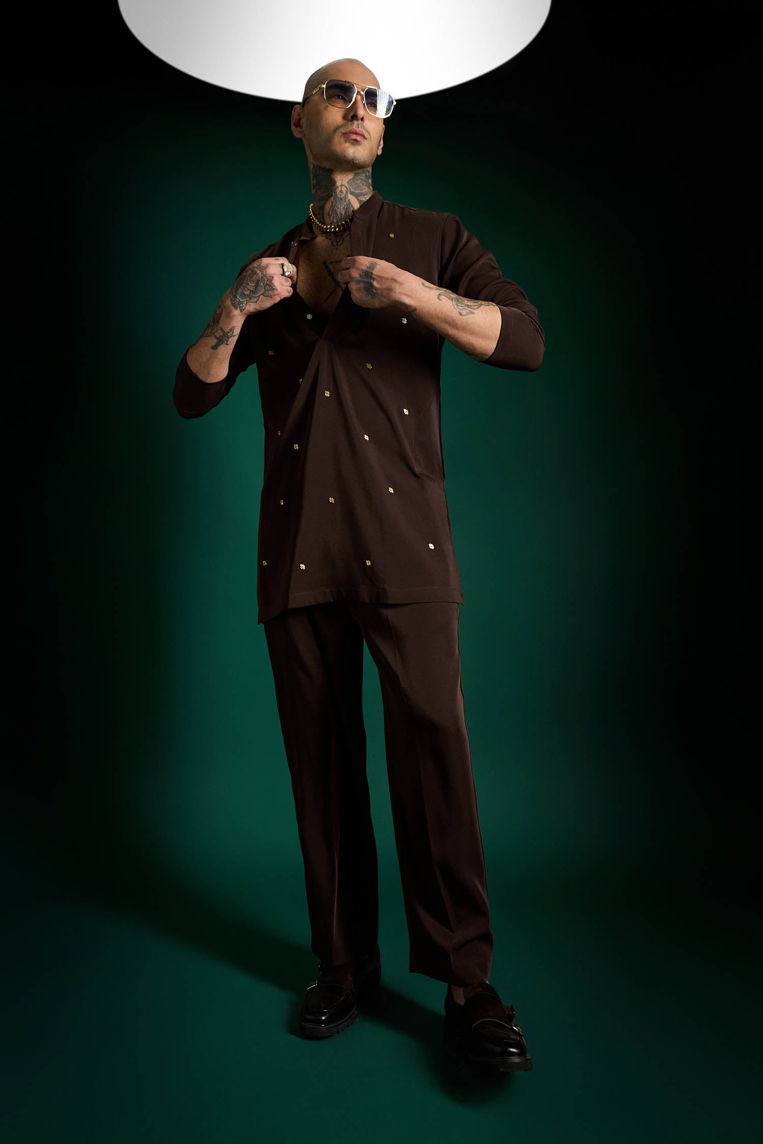 Studded Hand Embroidered Designer Kurta Set - Coffee brown