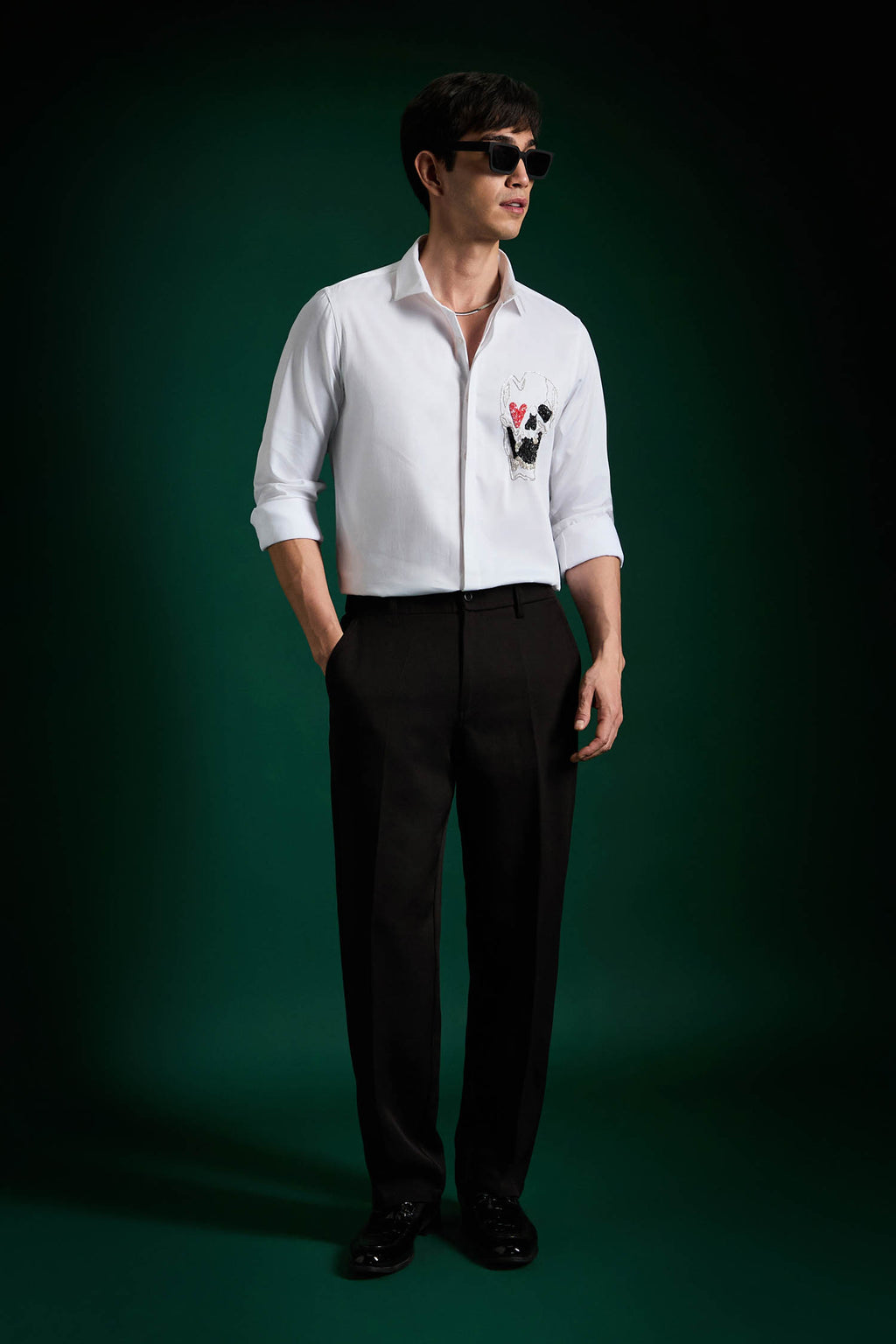 Heart Skull White - Hand Embroidered Designer Shirt