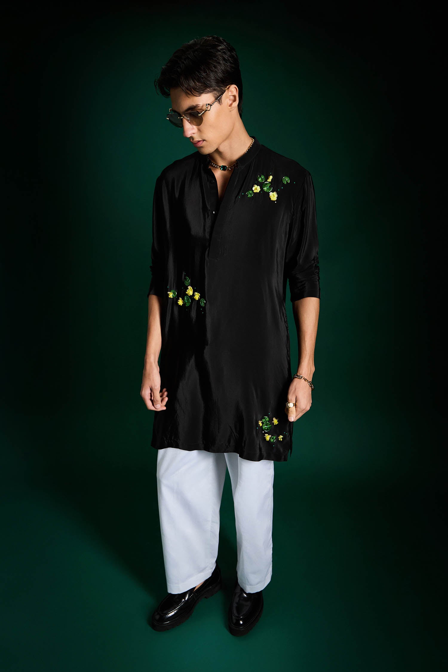 Water Lily Hand Embroidered Designer Kurta - Black