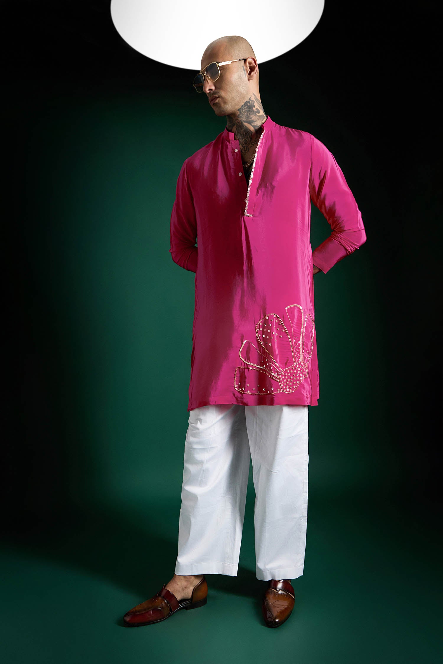 Petals Hand Embroidered Designer Kurta - Hot Pink