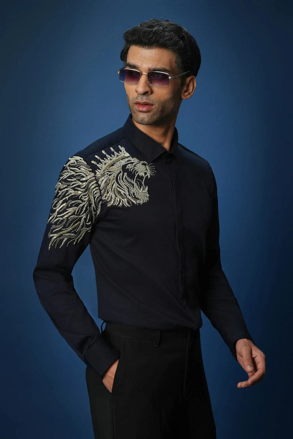 Narasimha embroidered Designer Shirt - Navy