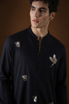 Egret Mirror All Over Hand Embroidered Designer Kurta - Navy