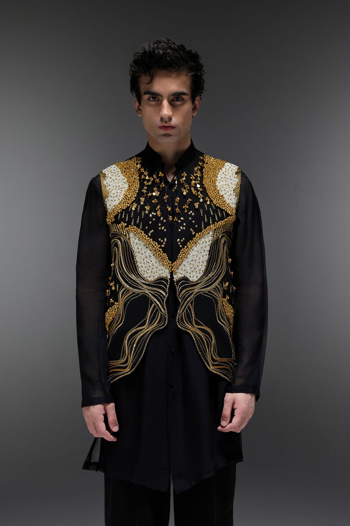 Golden Pearl (Gungru) - Hand Embroidered Designer  Bundi With Organza Kurta - Black