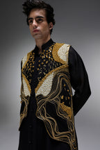 Golden Pearl (Gungru) - Hand Embroidered Designer  Bundi With Organza Kurta - Black
