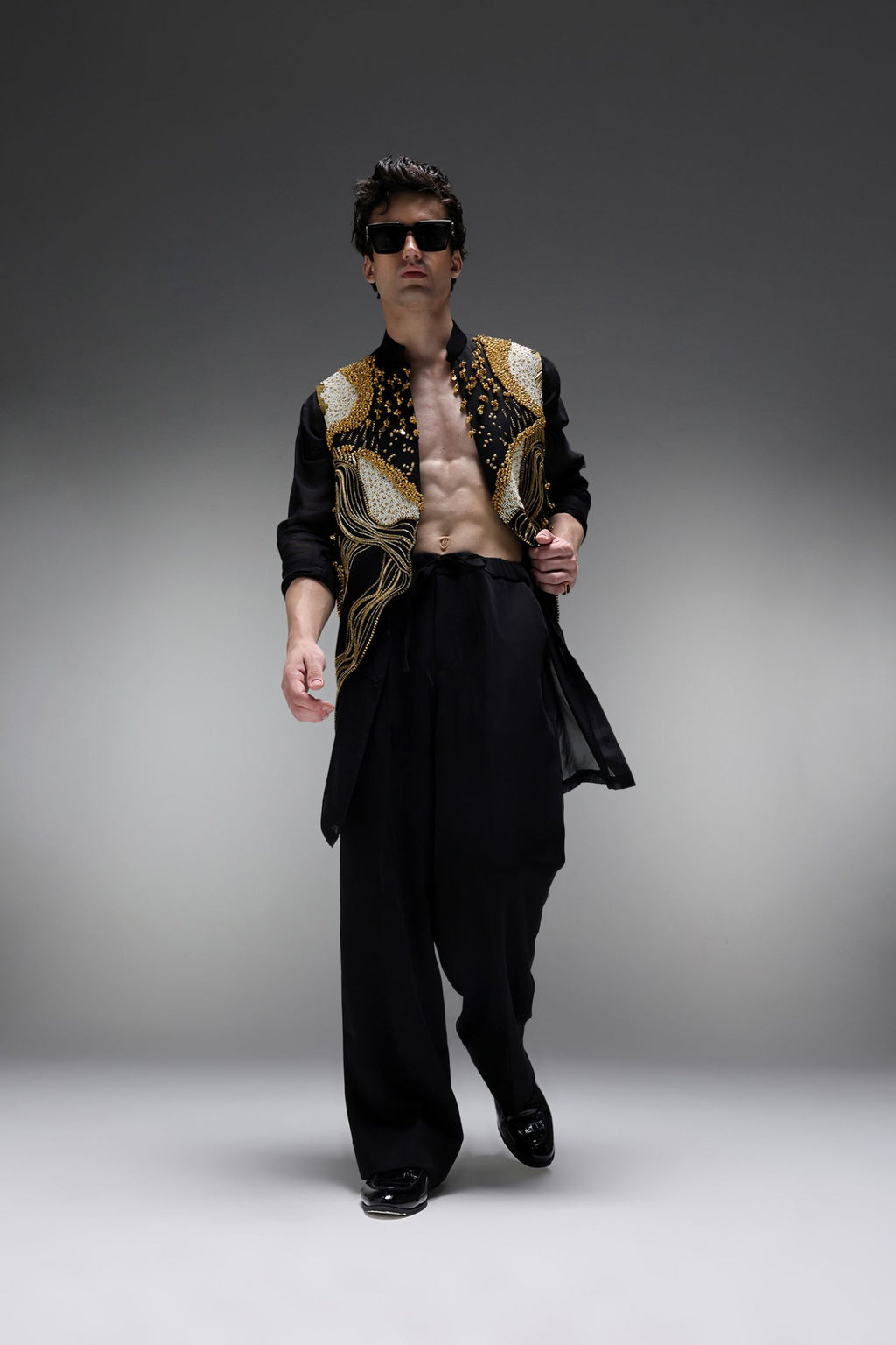Golden Pearl (Gungru) - Hand Embroidered Designer  Bundi With Organza Kurta - Black