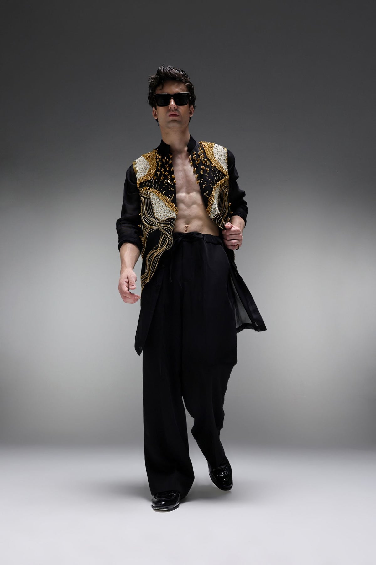 Golden Pearl (Gungru) - Hand Embroidered Designer  Bundi With Organza Kurta - Black