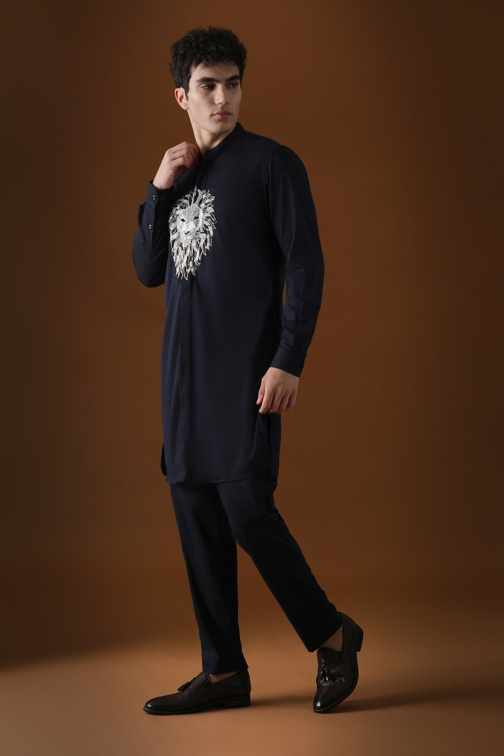 Lion Hand Embroidered Designer Kurta - Navy