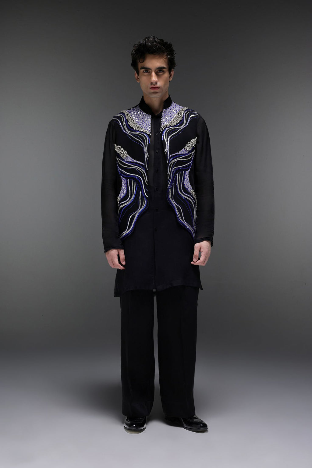Azure(Ghungru) - Hand Embroidered Designer Bundi With Organza Kurta - Black