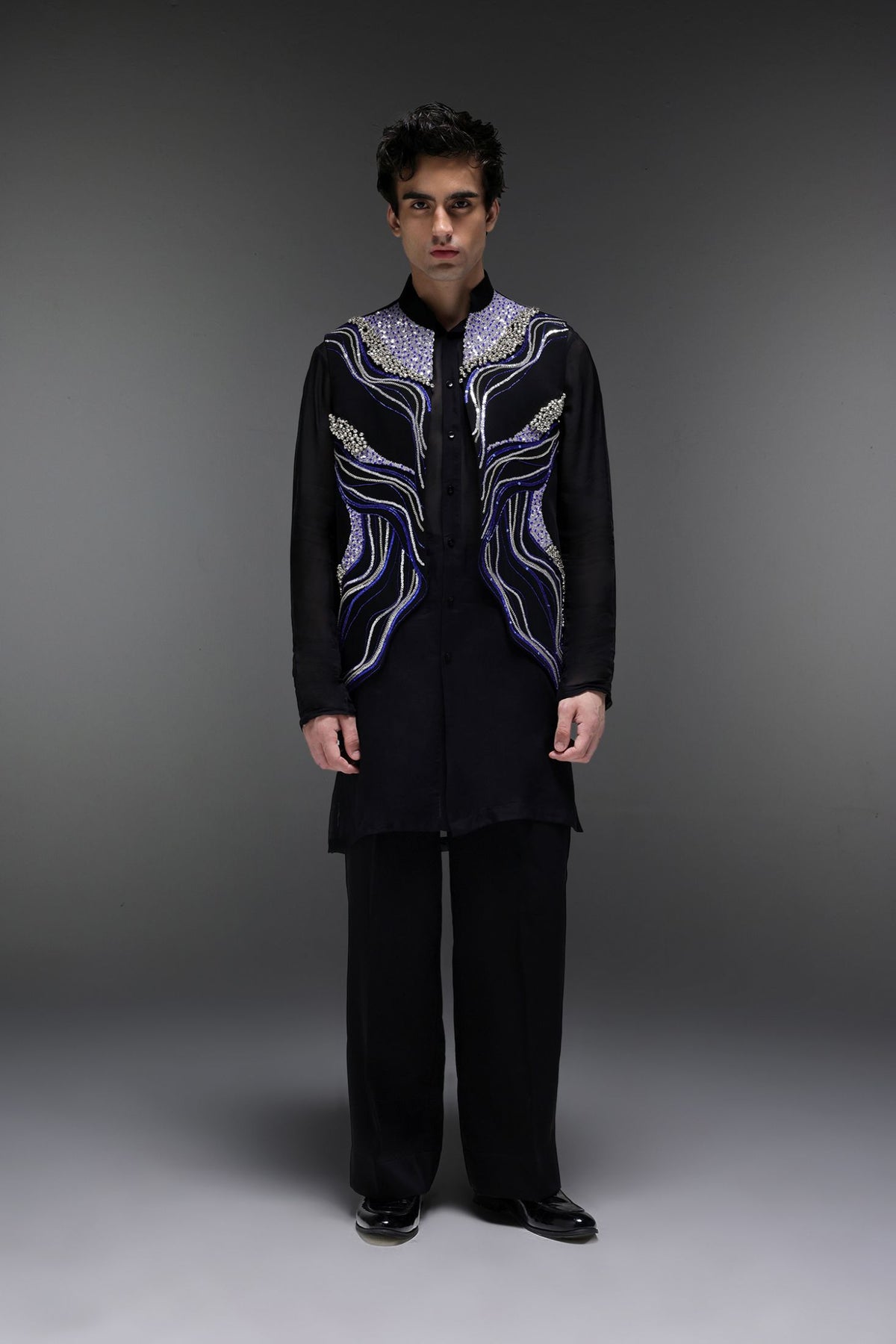 Azure(Ghungru) - Hand Embroidered Designer Bundi With Organza Kurta - Black