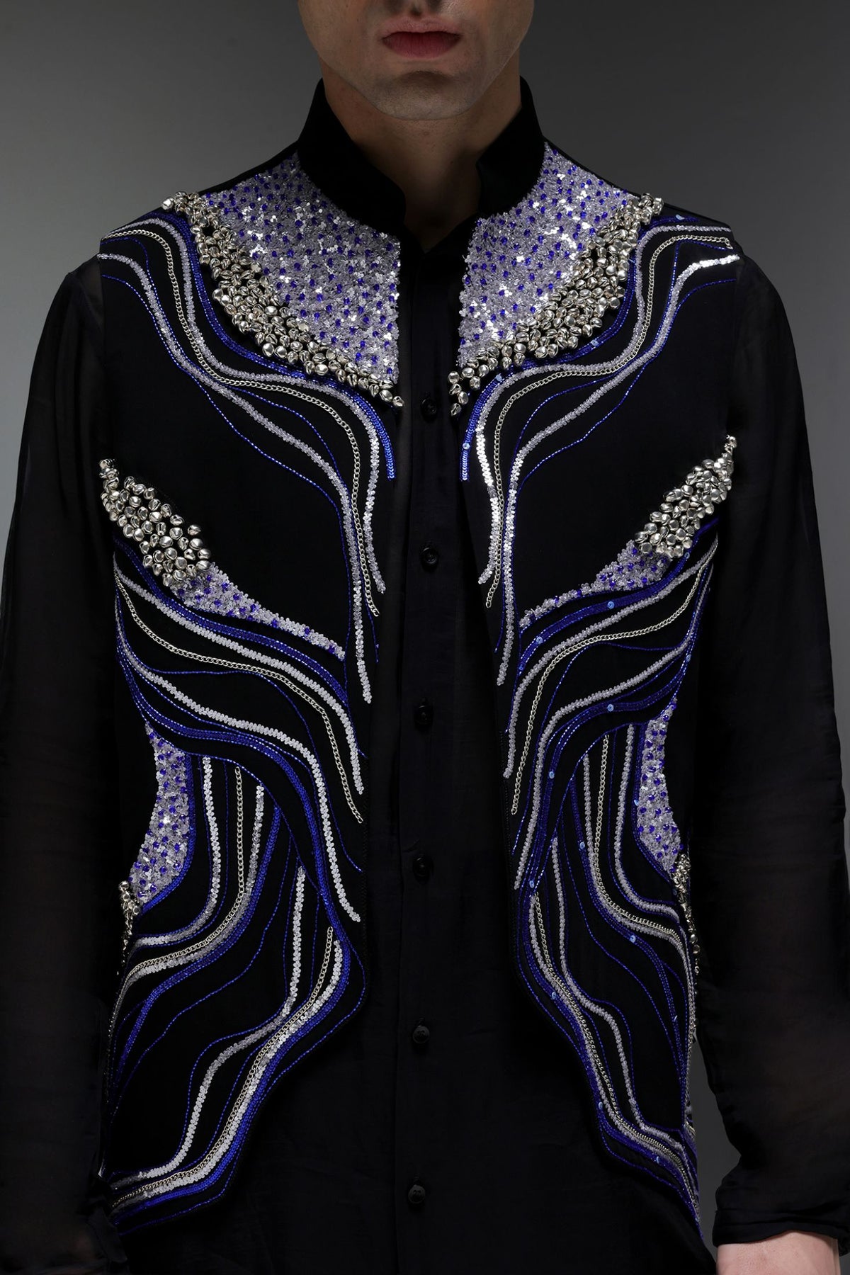 Azure(Ghungru) - Hand Embroidered Designer Bundi With Organza Kurta - Black