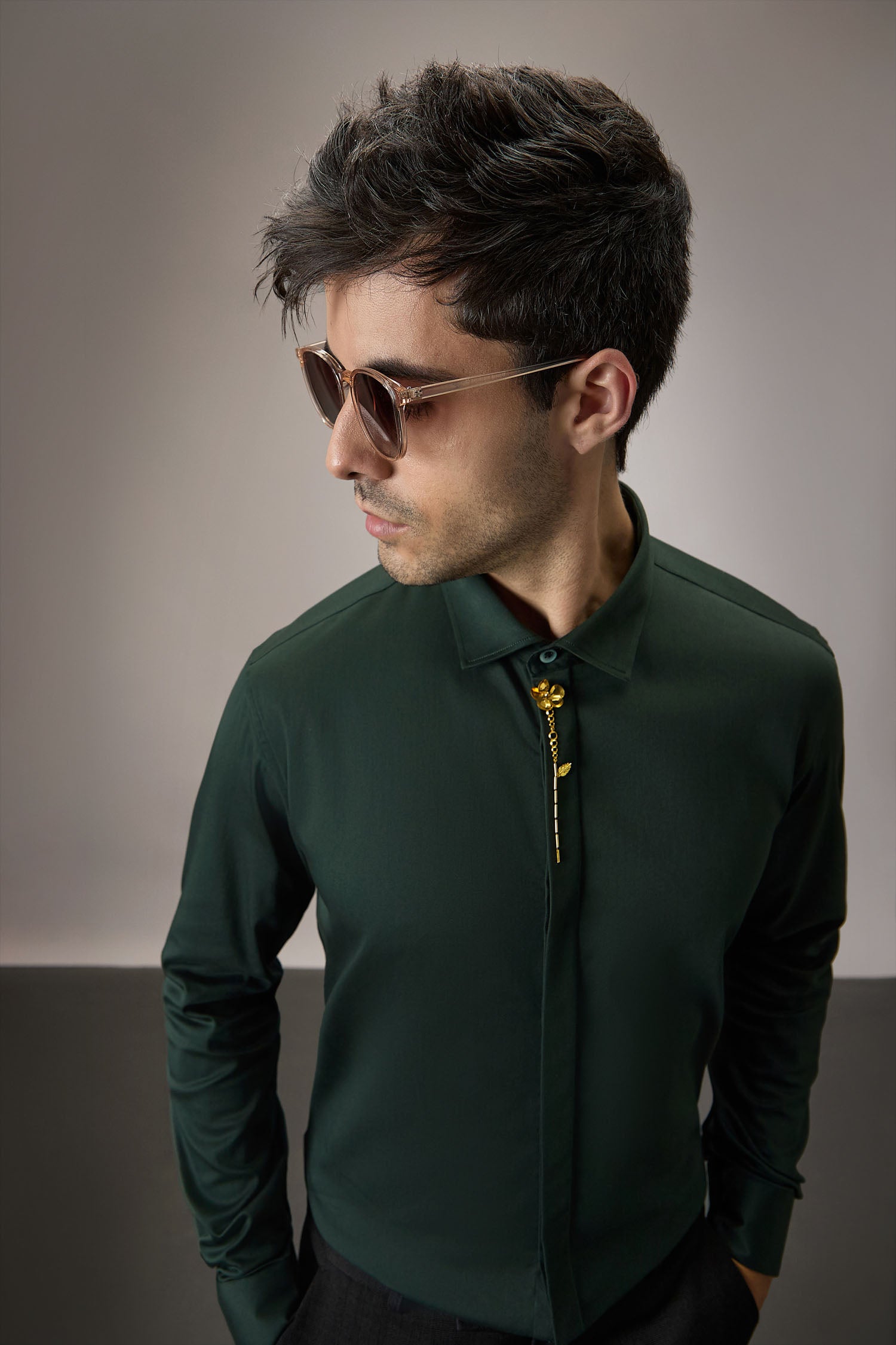Floret - Hand Embroidered Designer Shirt - Bottle Green