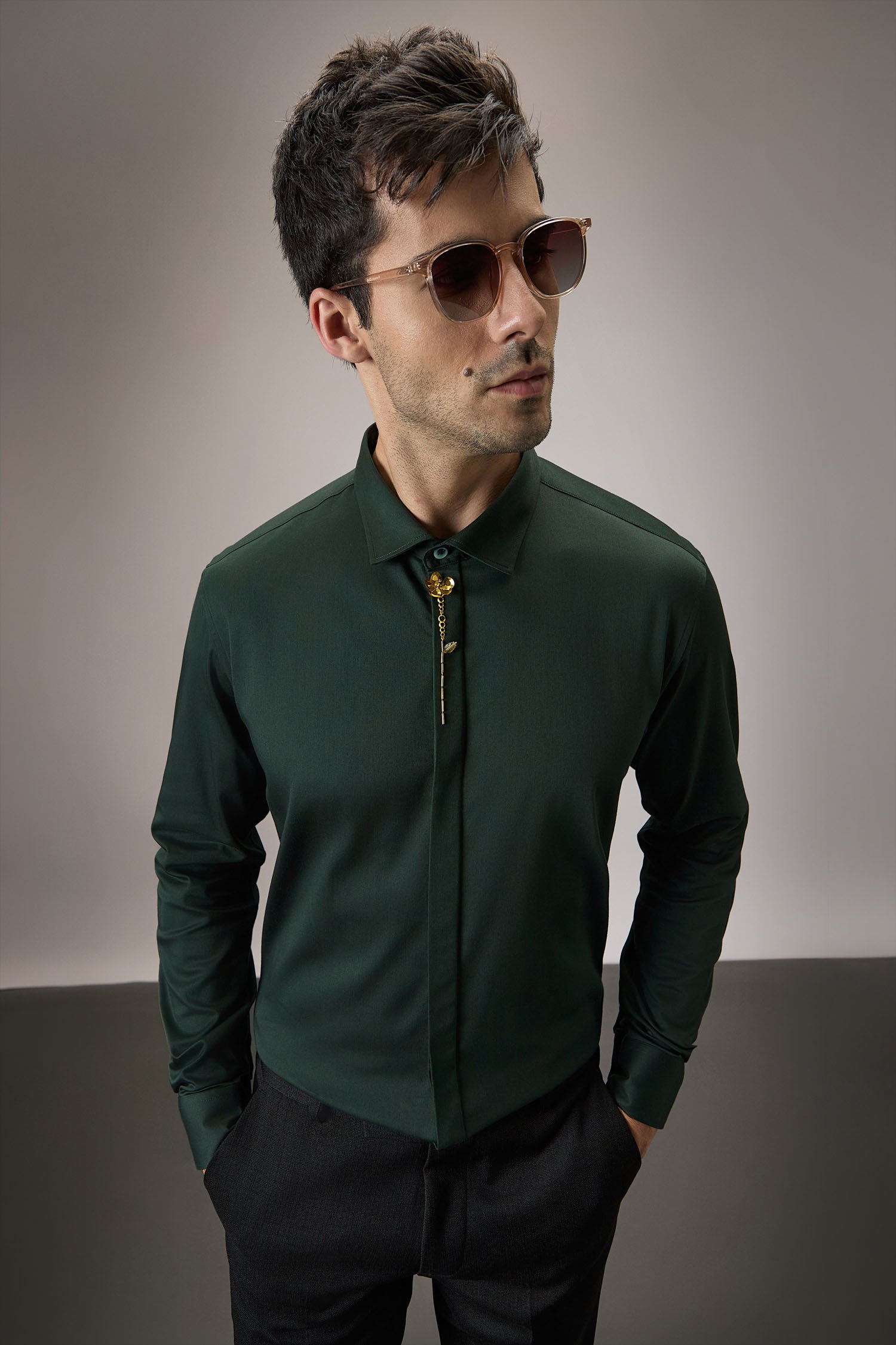 Floret - Hand Embroidered Designer Shirt - Bottle Green