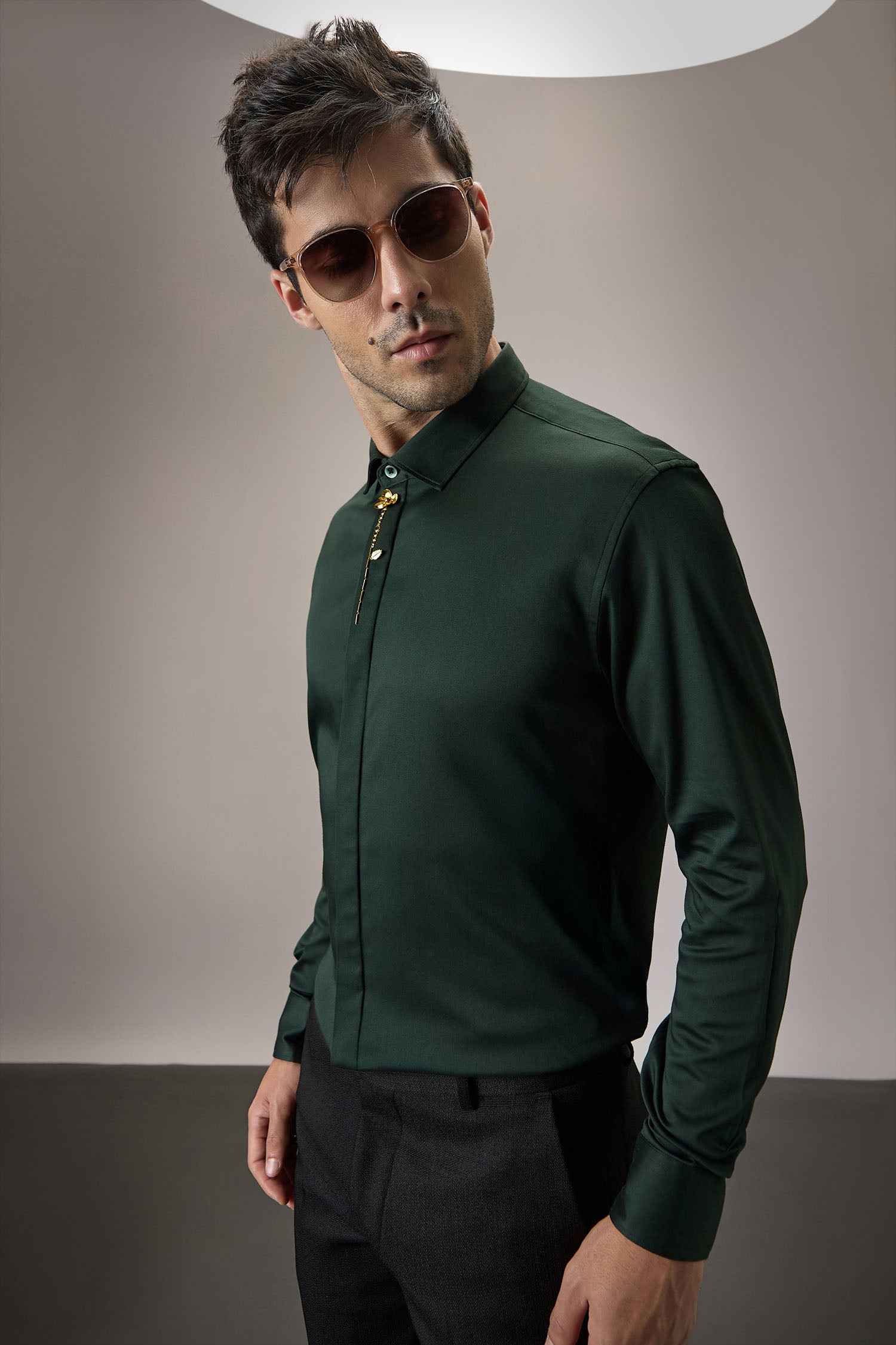 Floret - Hand Embroidered Designer Shirt - Bottle Green