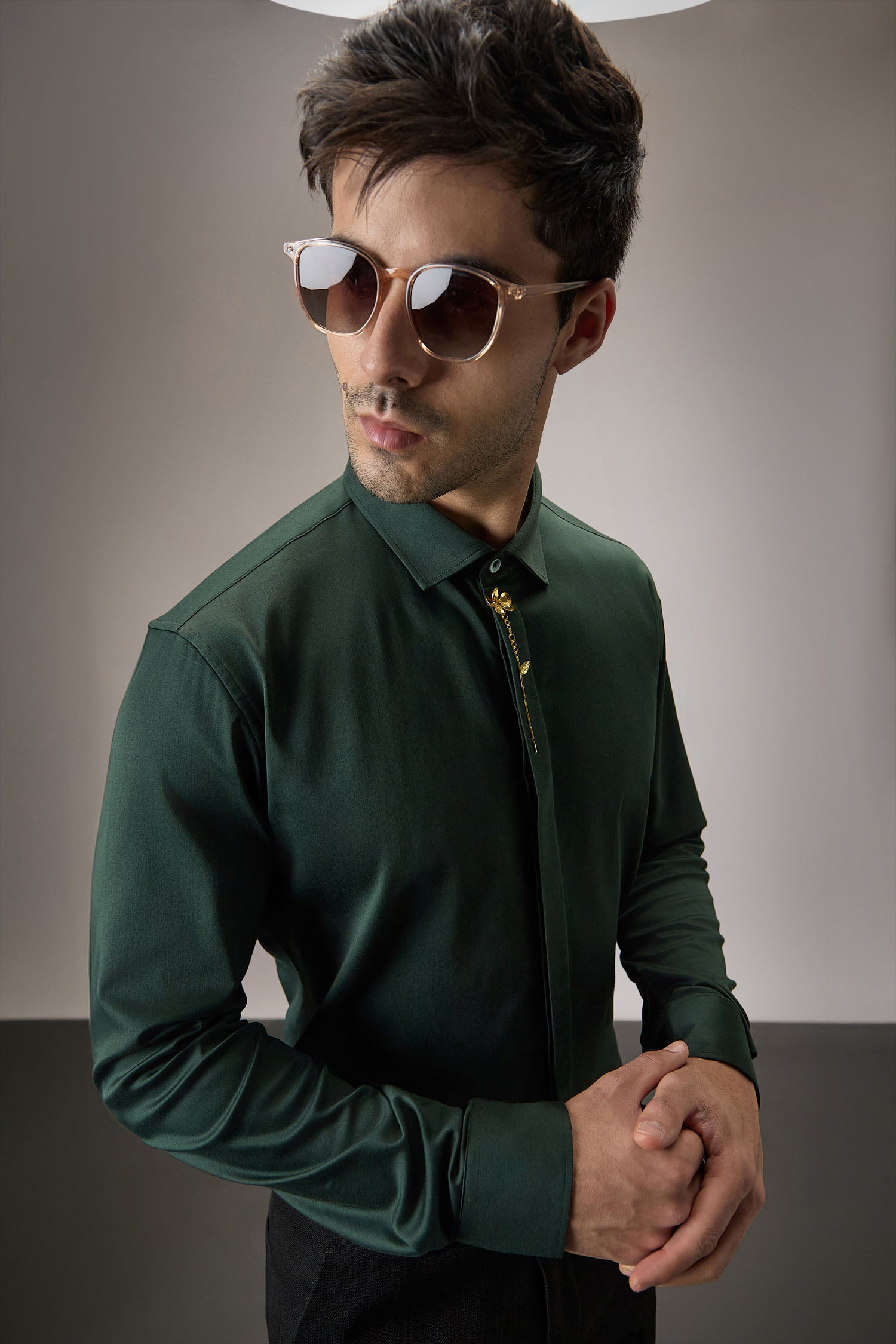 Floret - Hand Embroidered Designer Shirt - Bottle Green