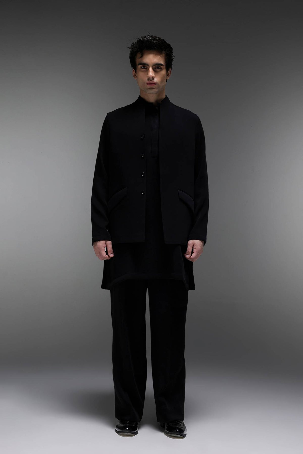 Highneck Black - Hand Crafted Designer Bundi With Kurta - Black