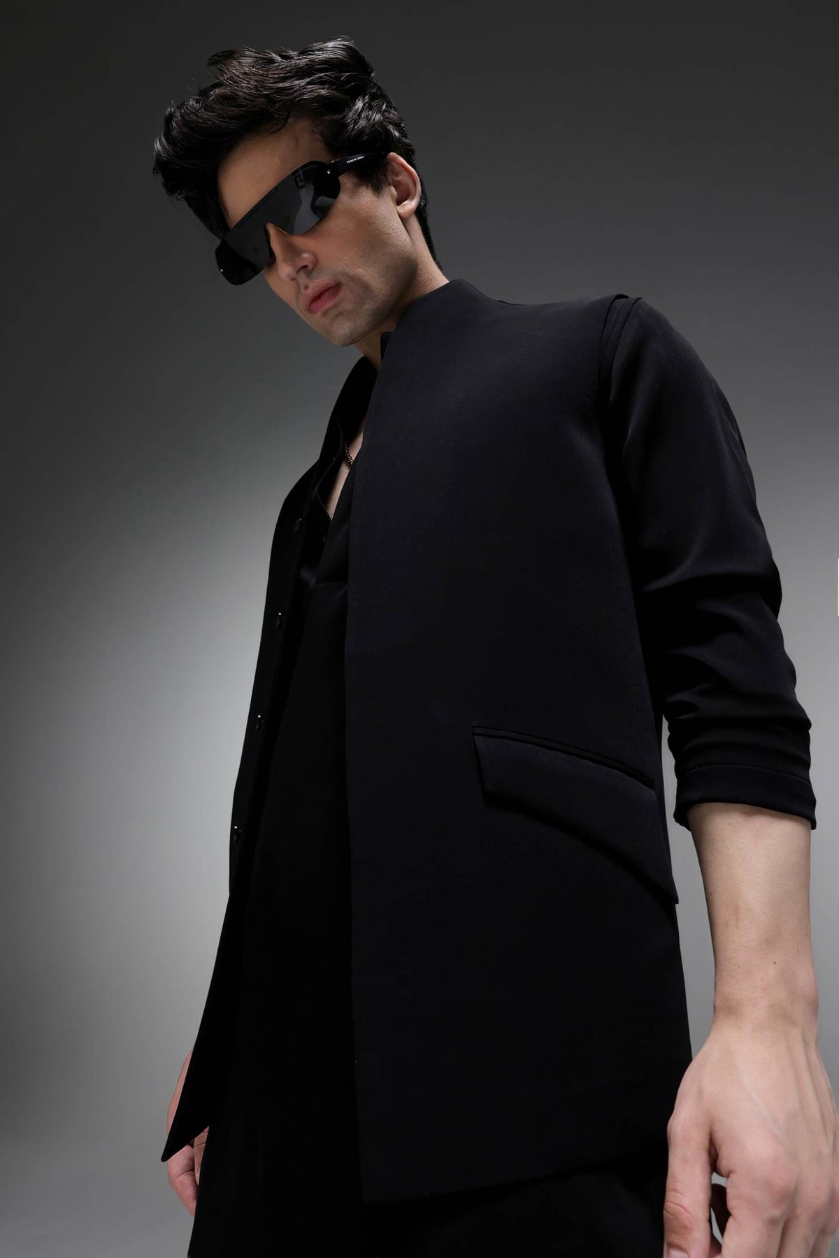 Highneck Black - Hand Crafted Designer Bundi With Kurta - Black